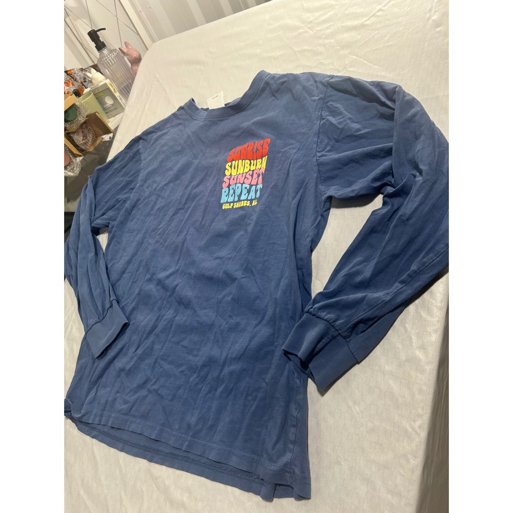 Southern Spirit Gulf Shores AL Sunrise Sunburn Sunset Repeat Blue LS Shirt M